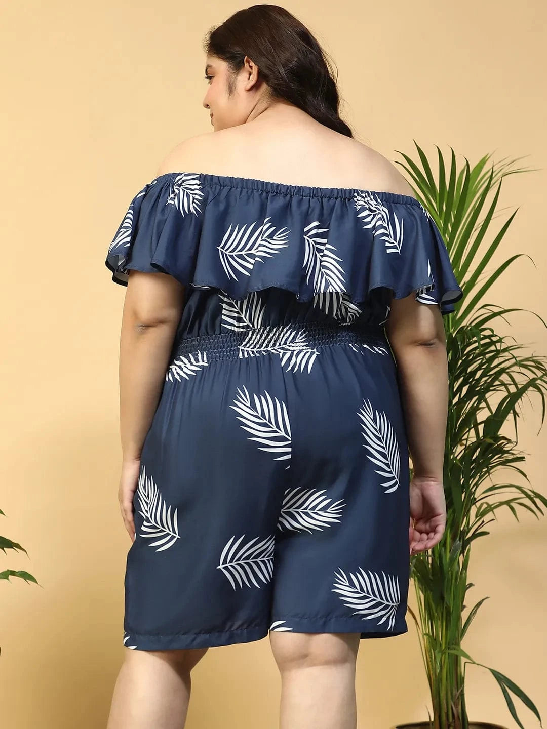 Merged Blue Tropical Print Elasticated Off - Shoulder Plus Size Beachwear Playsuit