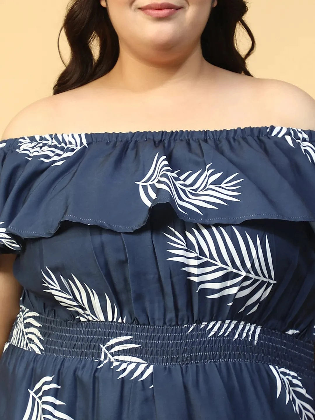 Merged Blue Tropical Print Elasticated Off - Shoulder Plus Size Beachwear Playsuit