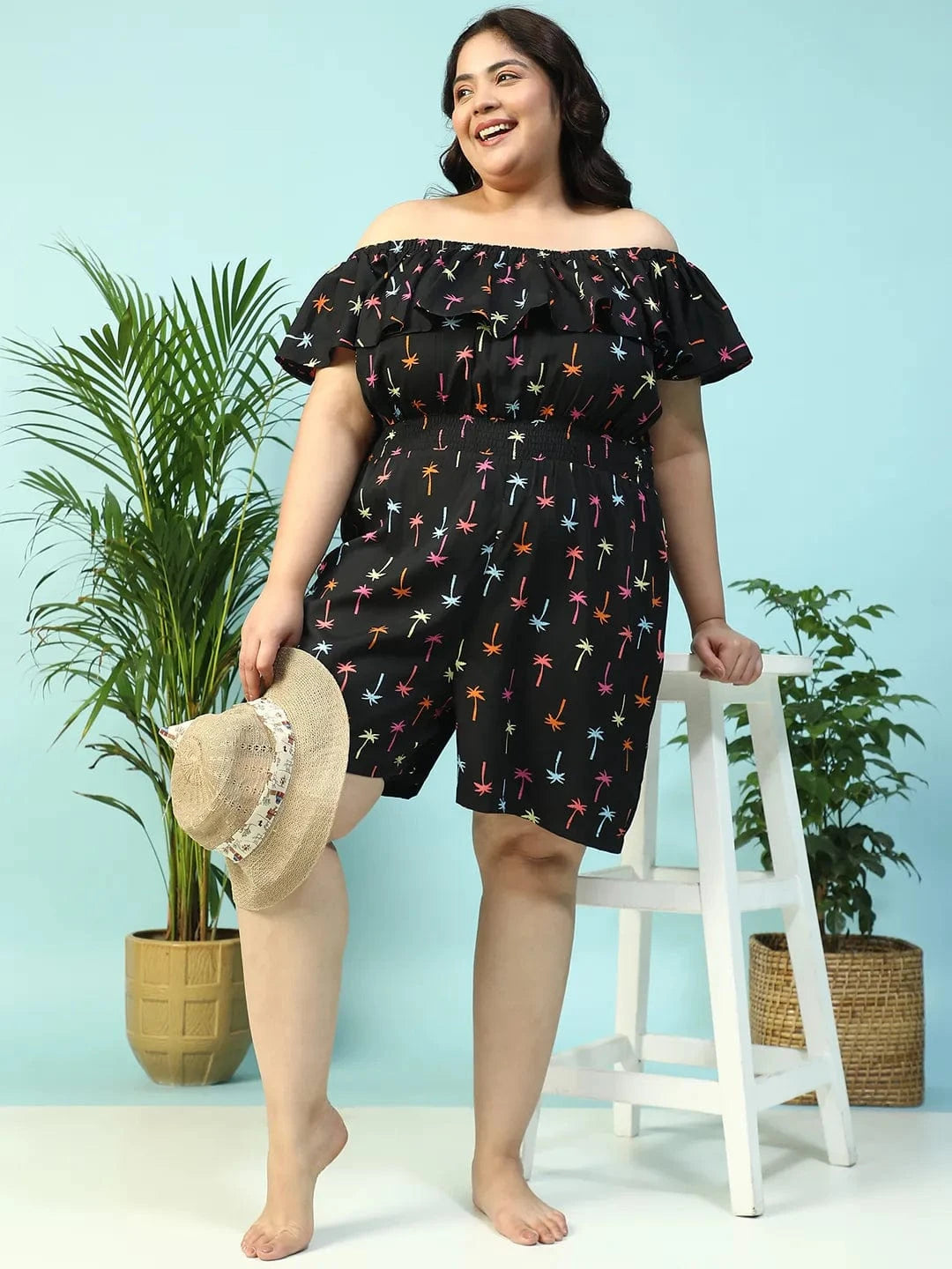 Sailer Black Star Print Elasticated Off - Shoulder Plus Size Beachwear Playsuit