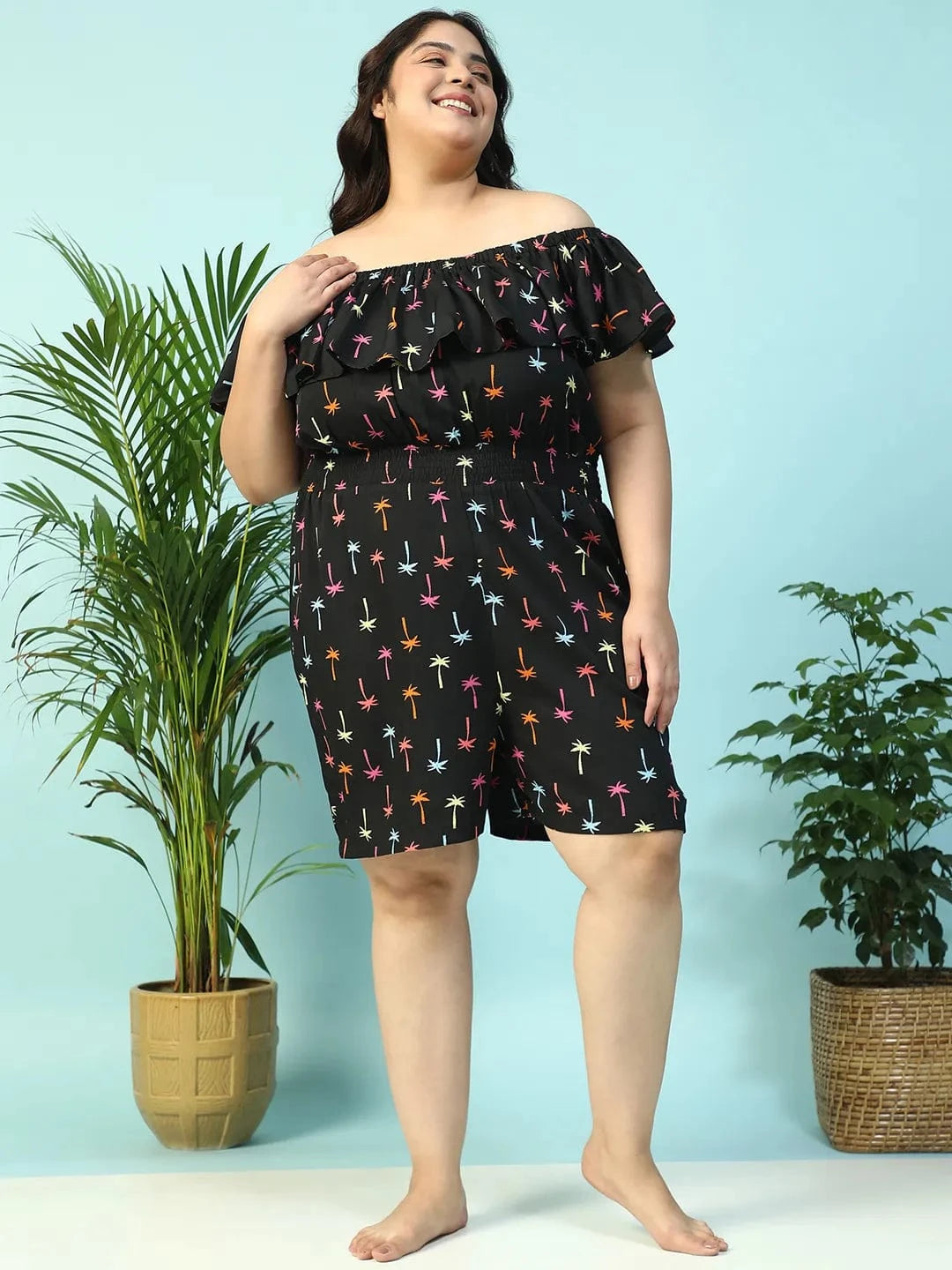 Sailer Black Star Print Elasticated Off - Shoulder Plus Size Beachwear Playsuit