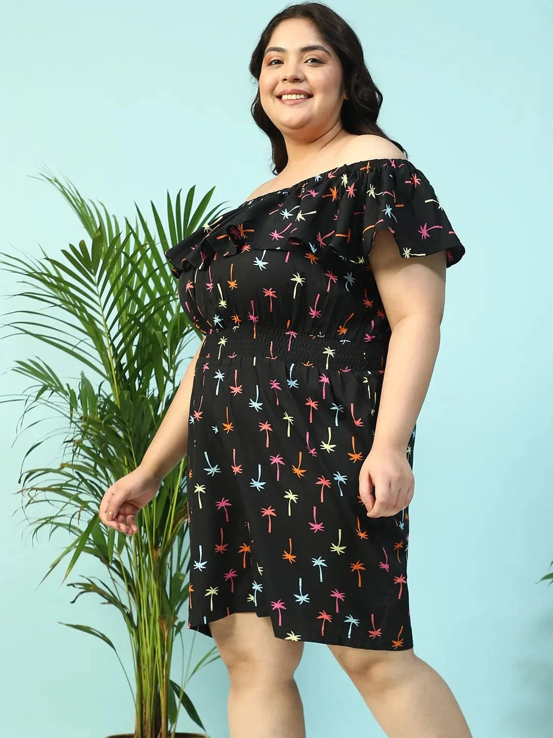 Sailer Black Star Print Elasticated Off - Shoulder Plus Size Beachwear Playsuit