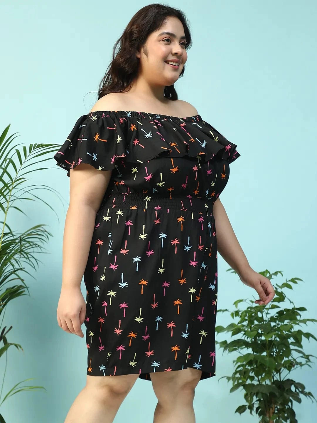 Sailer Black Star Print Elasticated Off - Shoulder Plus Size Beachwear Playsuit