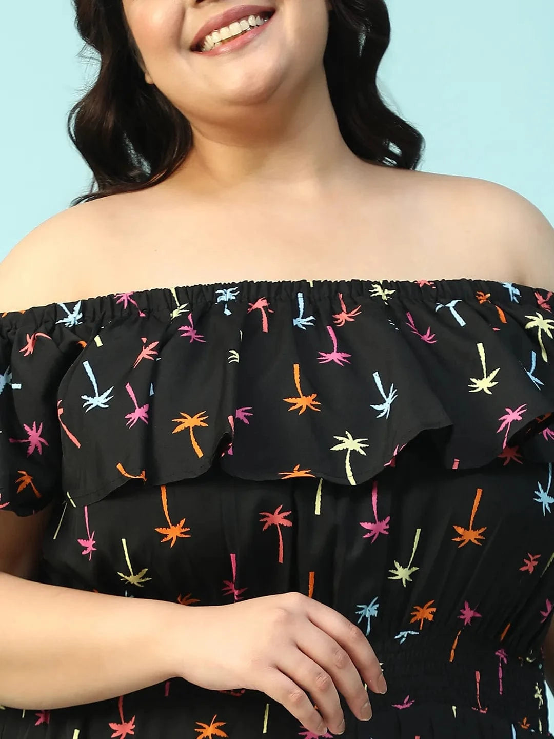 Sailer Black Star Print Elasticated Off - Shoulder Plus Size Beachwear Playsuit