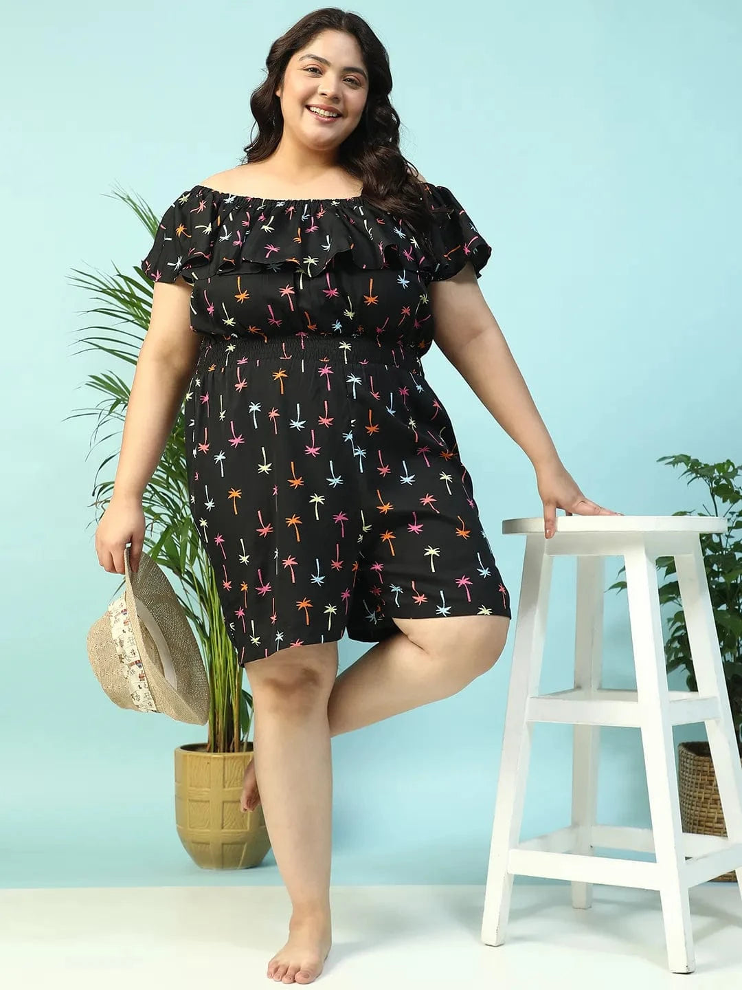 Sailer Black Star Print Elasticated Off - Shoulder Plus Size Beachwear Playsuit