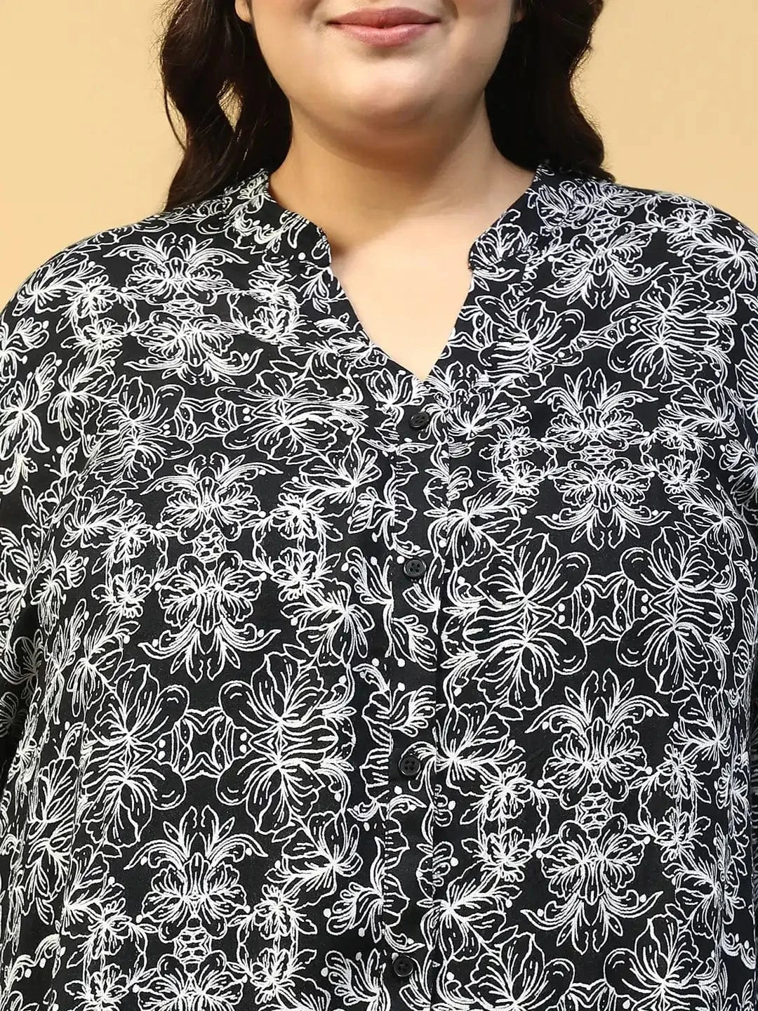 Canva Black Floral Print Long Sleeve Button Down Plus Size Beachwear Shirt