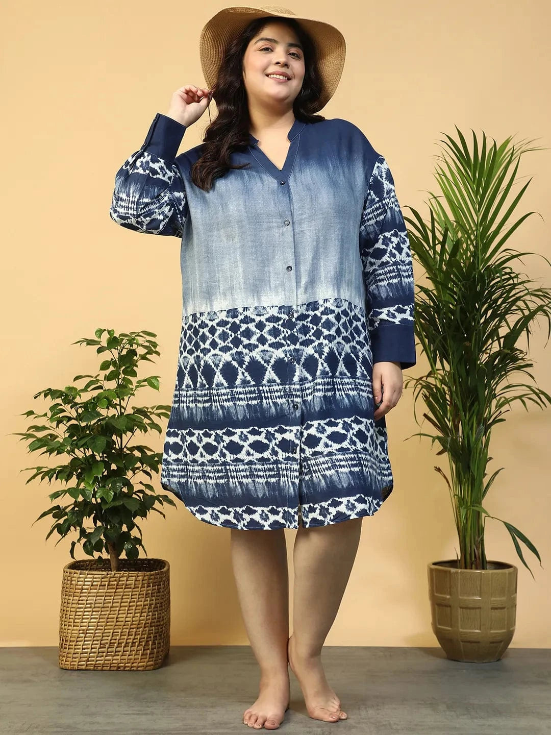 Vast Blue Tie-Dye Print Long Sleeve Button Down Plus Size Beachwear Cotton Shirt