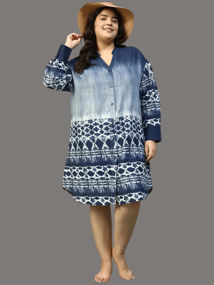 Plus Size Blue Tie-Dye Print Beachwear Cotton Shirt