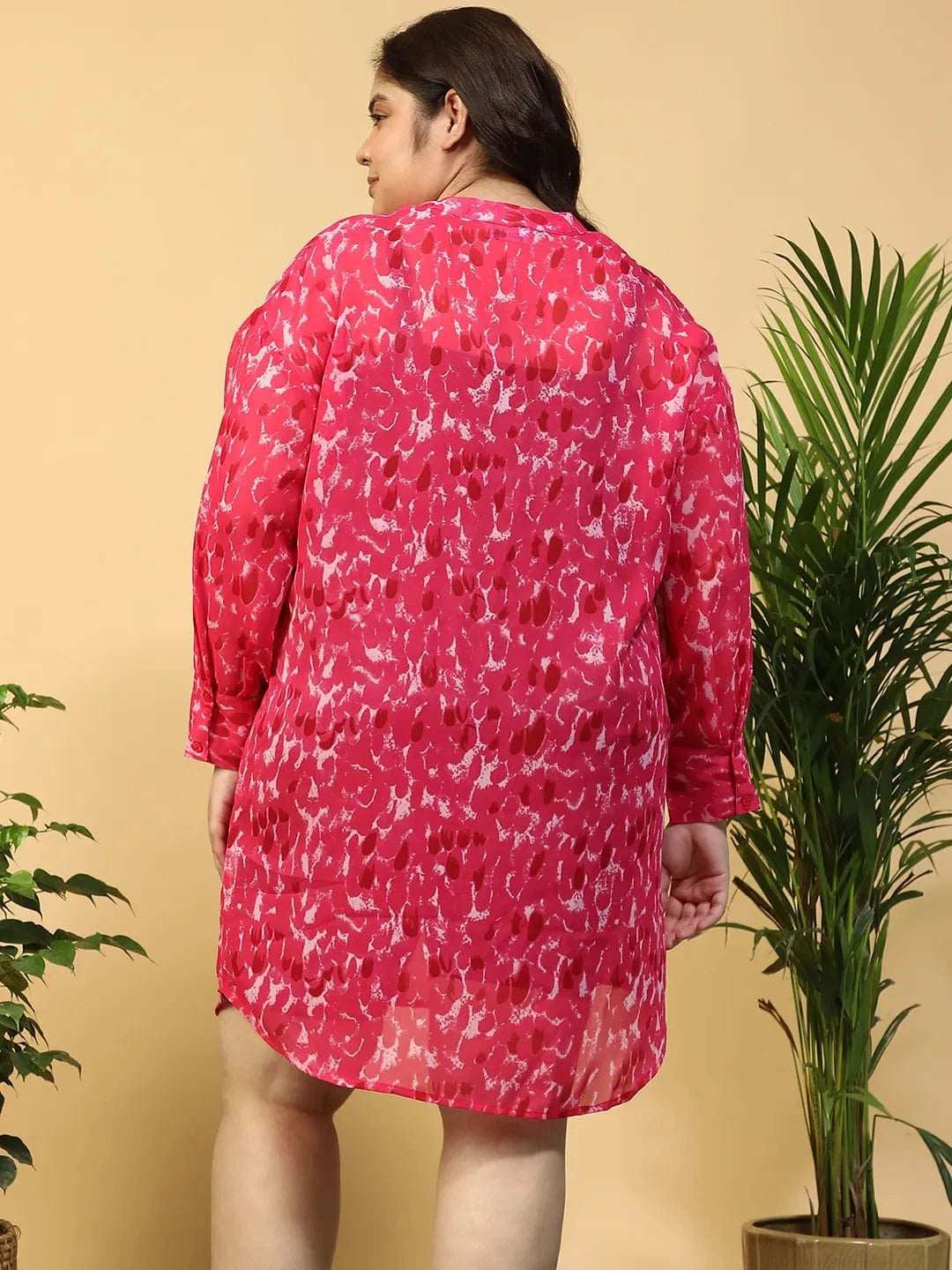 Galaxy Pink Floral Print Long Sleeve Button Down Beachwear Plus Size Shirt