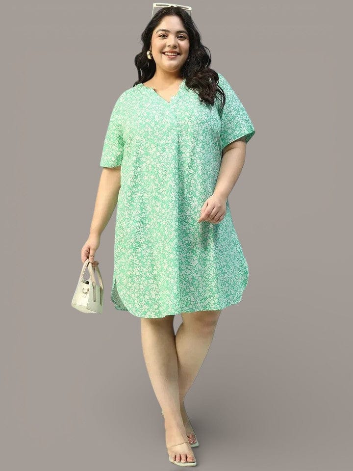 Heavenly Green Floral Print V- Neck Short Sleeve Plus Size Women Dress
