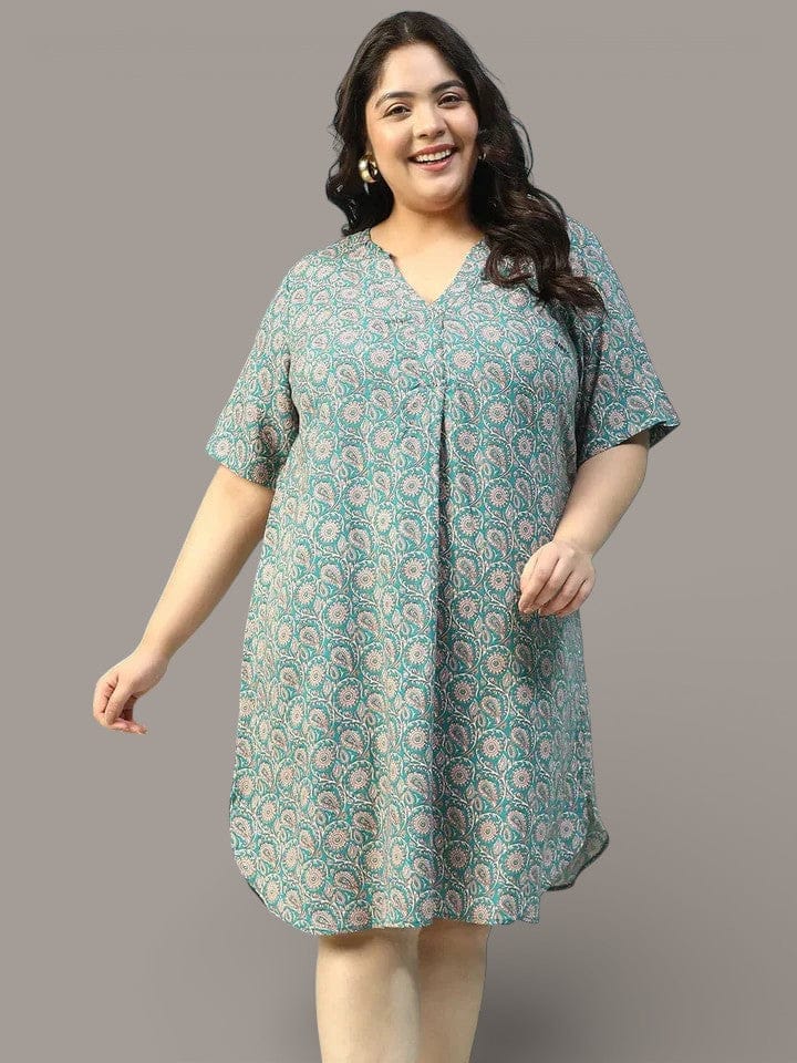 Multicolor Floral Print V- Neck Short Sleeve Plus Size Women Dress