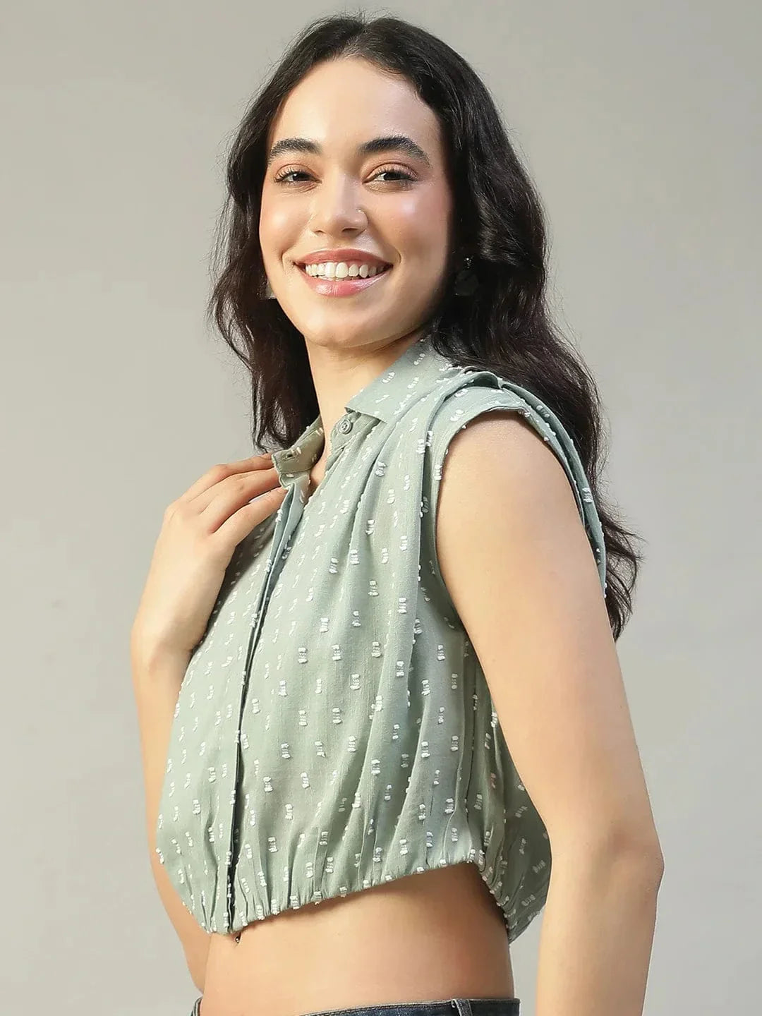 Forth Green Collared Short Sleeve Button Down Yarn Dyed Boota Dobby Women Cotton Crop Shirt - oxolloxo