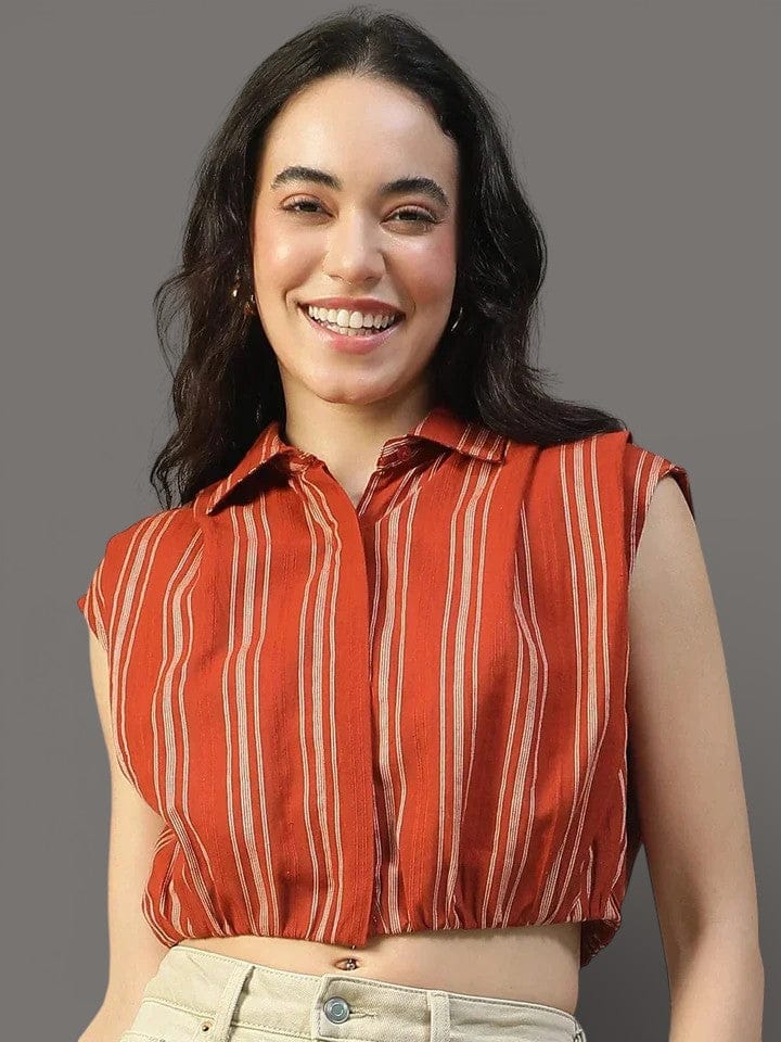 Fence Rust Collared Short Sleeve Button Down Yarn Dyed Women Cotton Crop Shirt