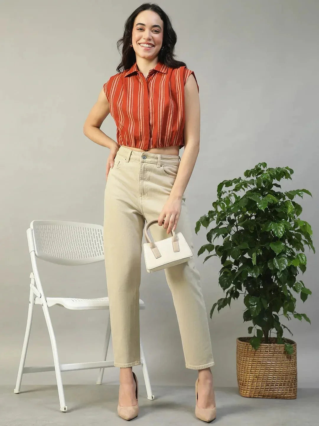 Fence Rust Collared Short Sleeve Button Down Yarn Dyed Women Cotton Crop Shirt - oxolloxo