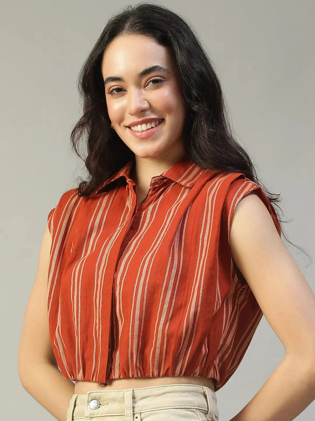 Fence Rust Collared Short Sleeve Button Down Yarn Dyed Women Cotton Crop Shirt - oxolloxo
