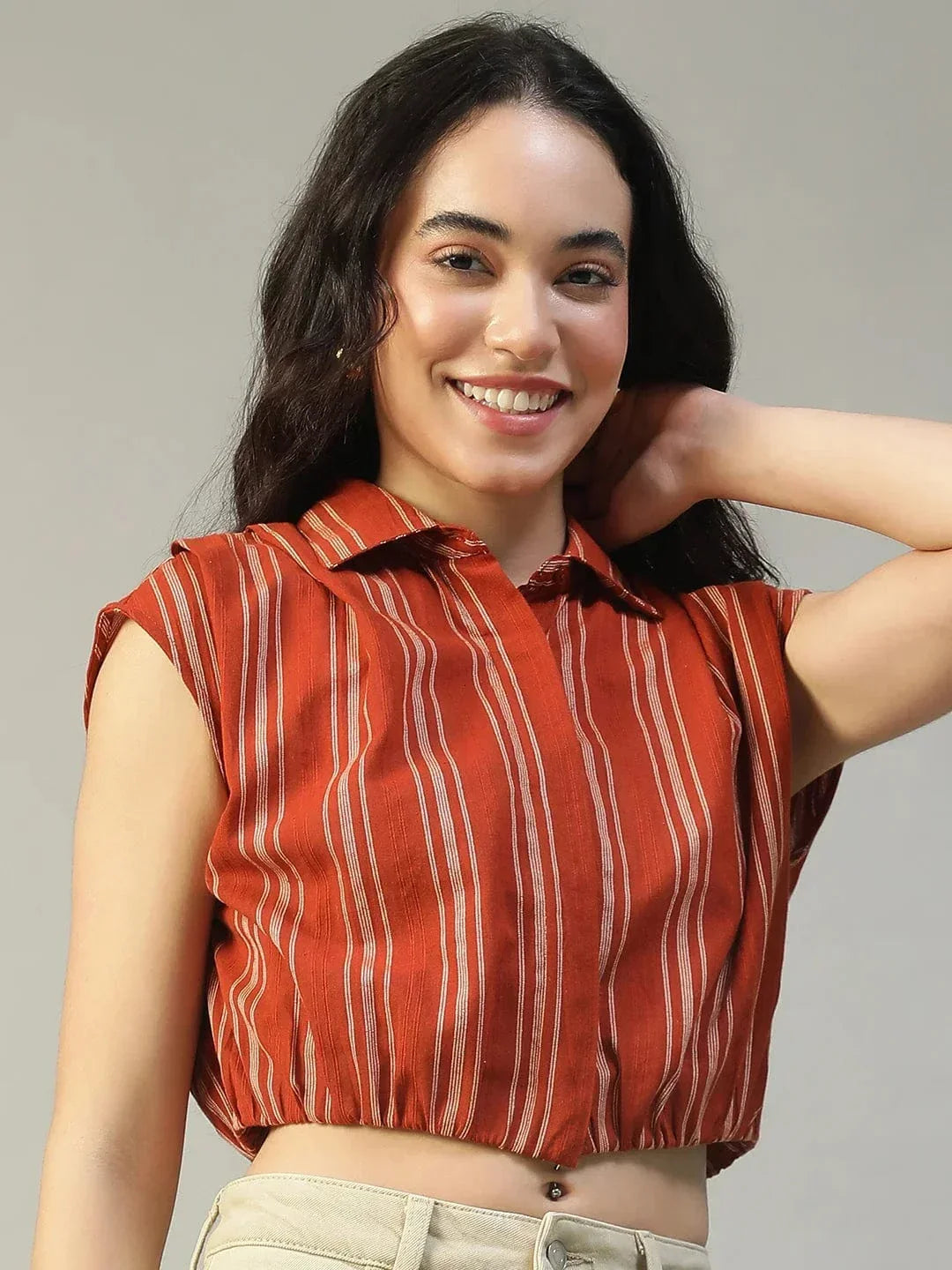 Fence Rust Collared Short Sleeve Button Down Yarn Dyed Women Cotton Crop Shirt - oxolloxo