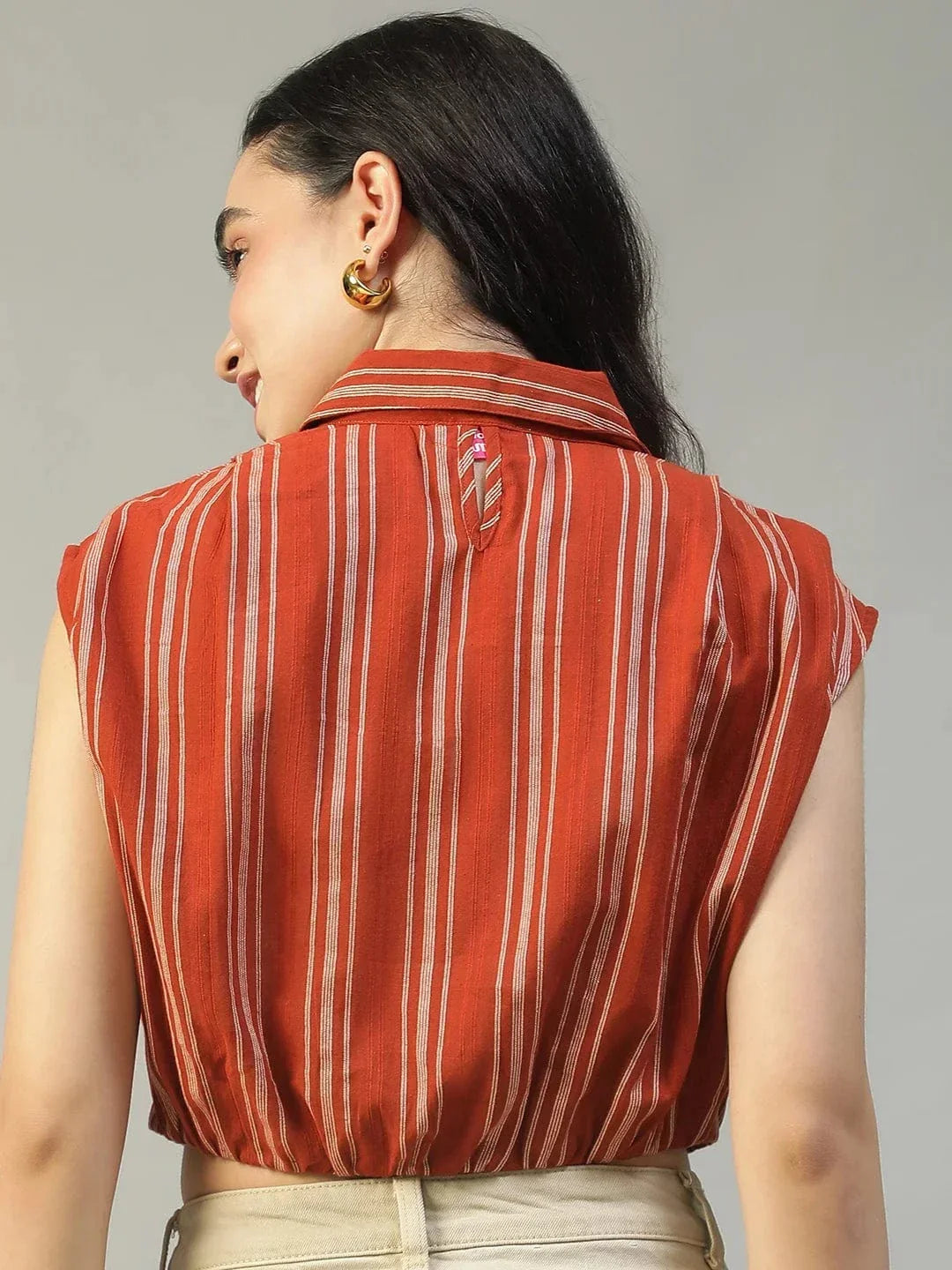 Fence Rust Collared Short Sleeve Button Down Yarn Dyed Women Cotton Crop Shirt - oxolloxo