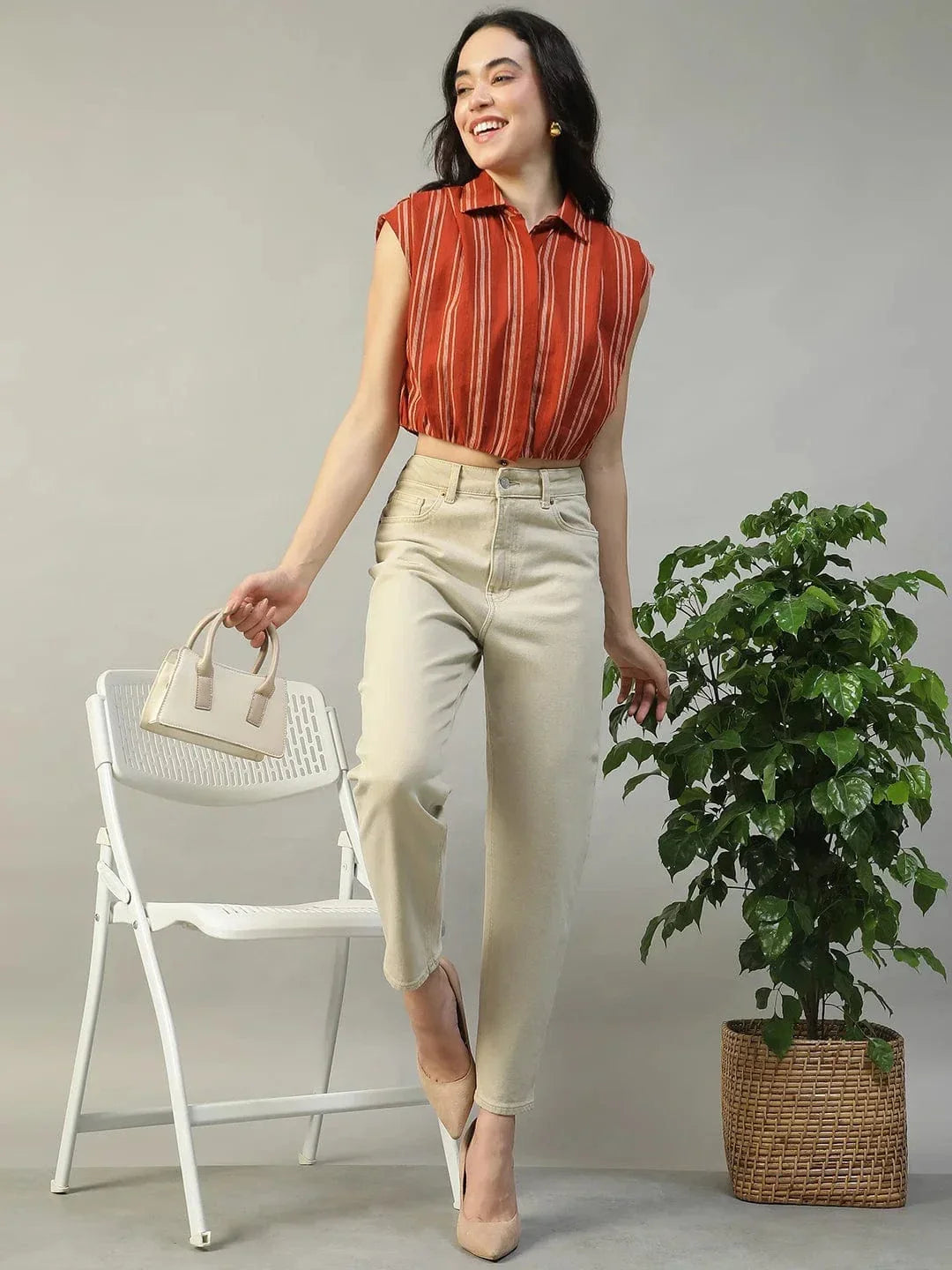 Fence Rust Collared Short Sleeve Button Down Yarn Dyed Women Cotton Crop Shirt - oxolloxo