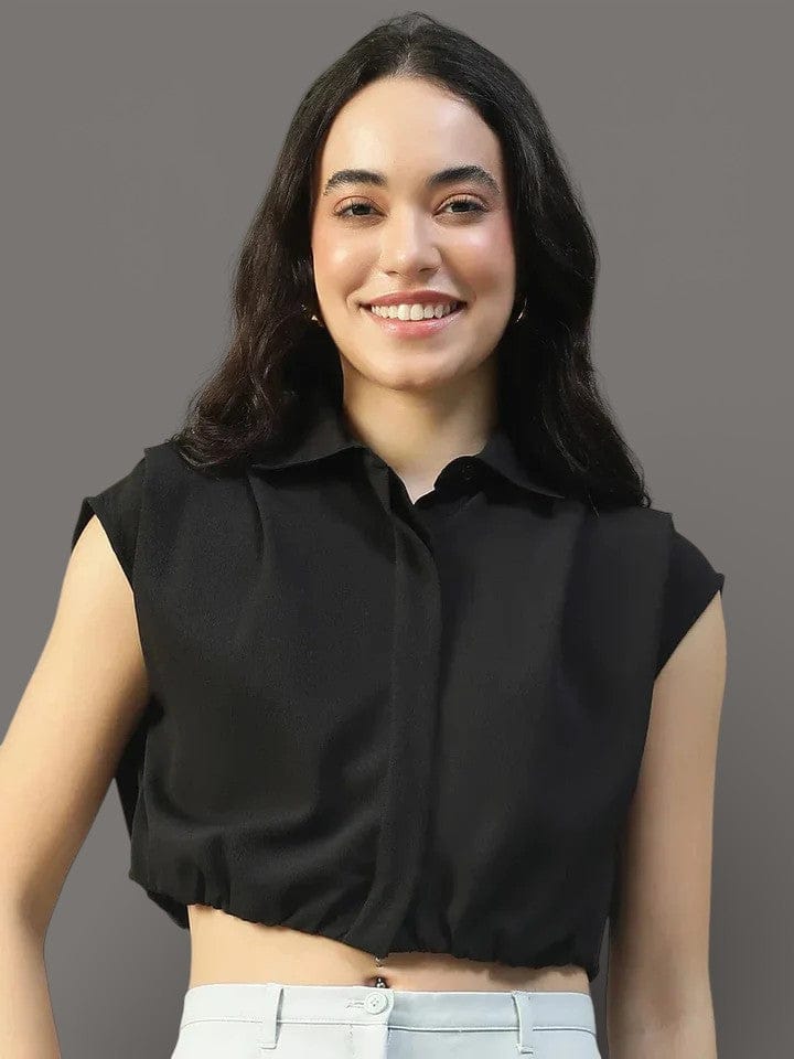 Major Solid Black Collared Short Sleeve Button Down Rivera Crepe Women Crop Shirt