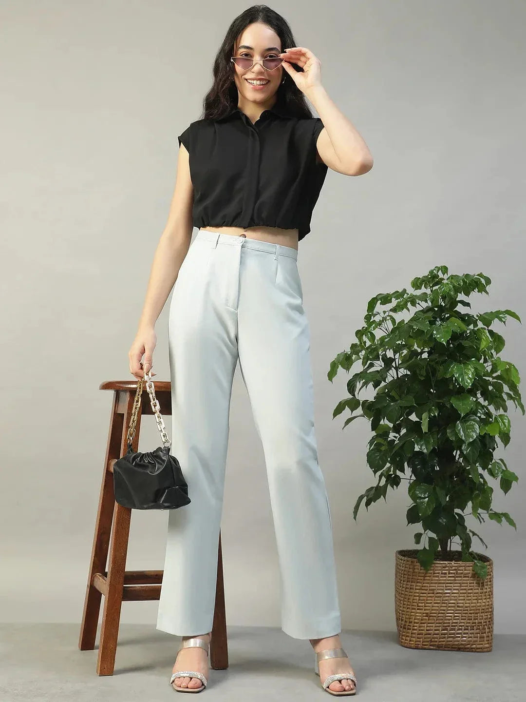 Major Solid Black Collared Short Sleeve Button Down Rivera Crepe Women Crop Shirt - oxolloxo