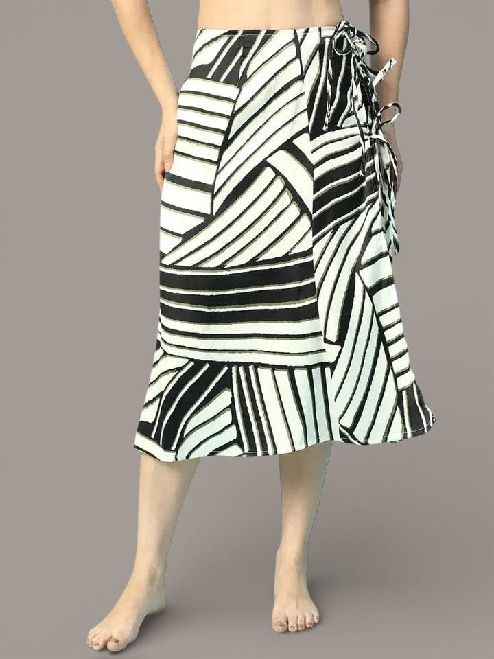 Vibey Black Stripe Print Elasticated With Tie-Up String Detail Women Beachwear Satin Skirt