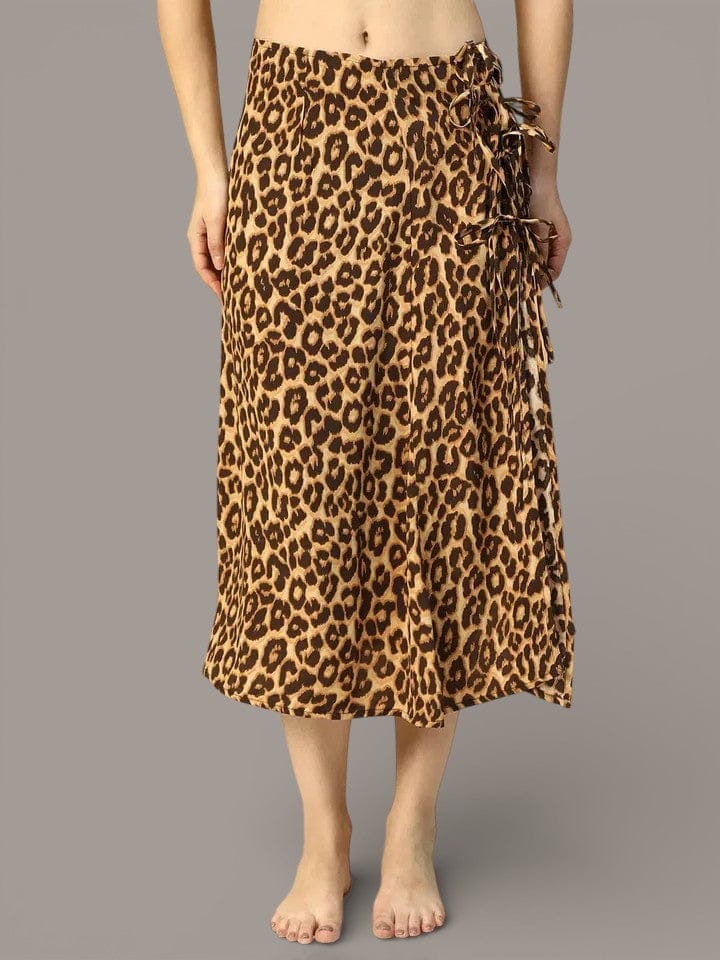 Drippy Brown Animal Print Elasticated With Tie-Up String Detail Women Beachwear Satin Skirt