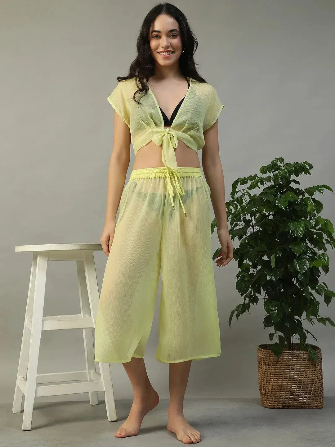 Yellow Tie-Knot Top With Elasticated Culottes Women Beachwear Co-Ord Set - oxolloxo