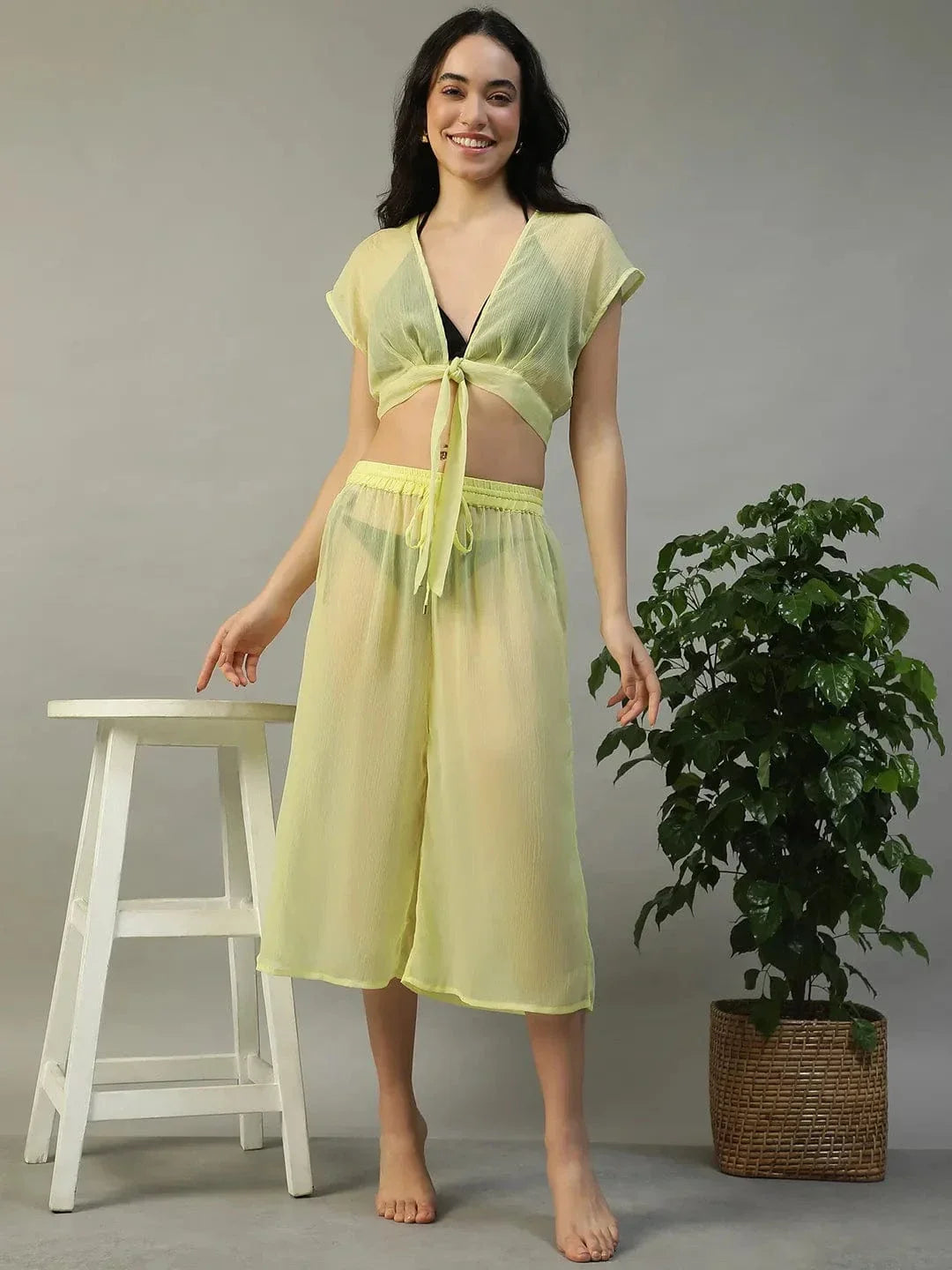 Yellow Tie-Knot Top With Elasticated Culottes Women Beachwear Co-Ord Set - oxolloxo