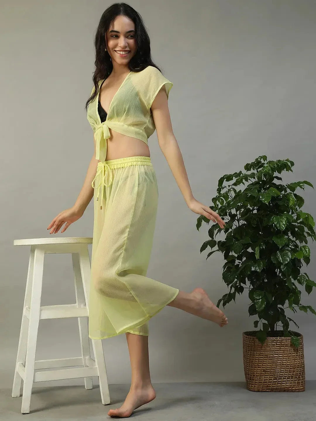Yellow Tie-Knot Top With Elasticated Culottes Women Beachwear Co-Ord Set - oxolloxo