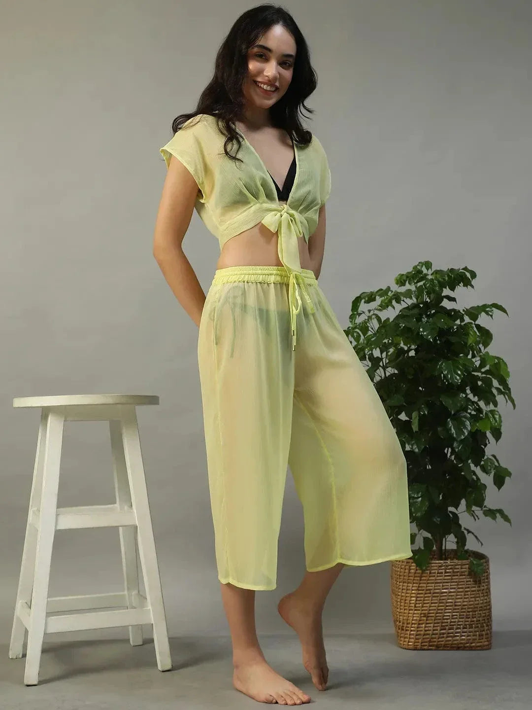Yellow Tie-Knot Top With Elasticated Culottes Women Beachwear Co-Ord Set - oxolloxo