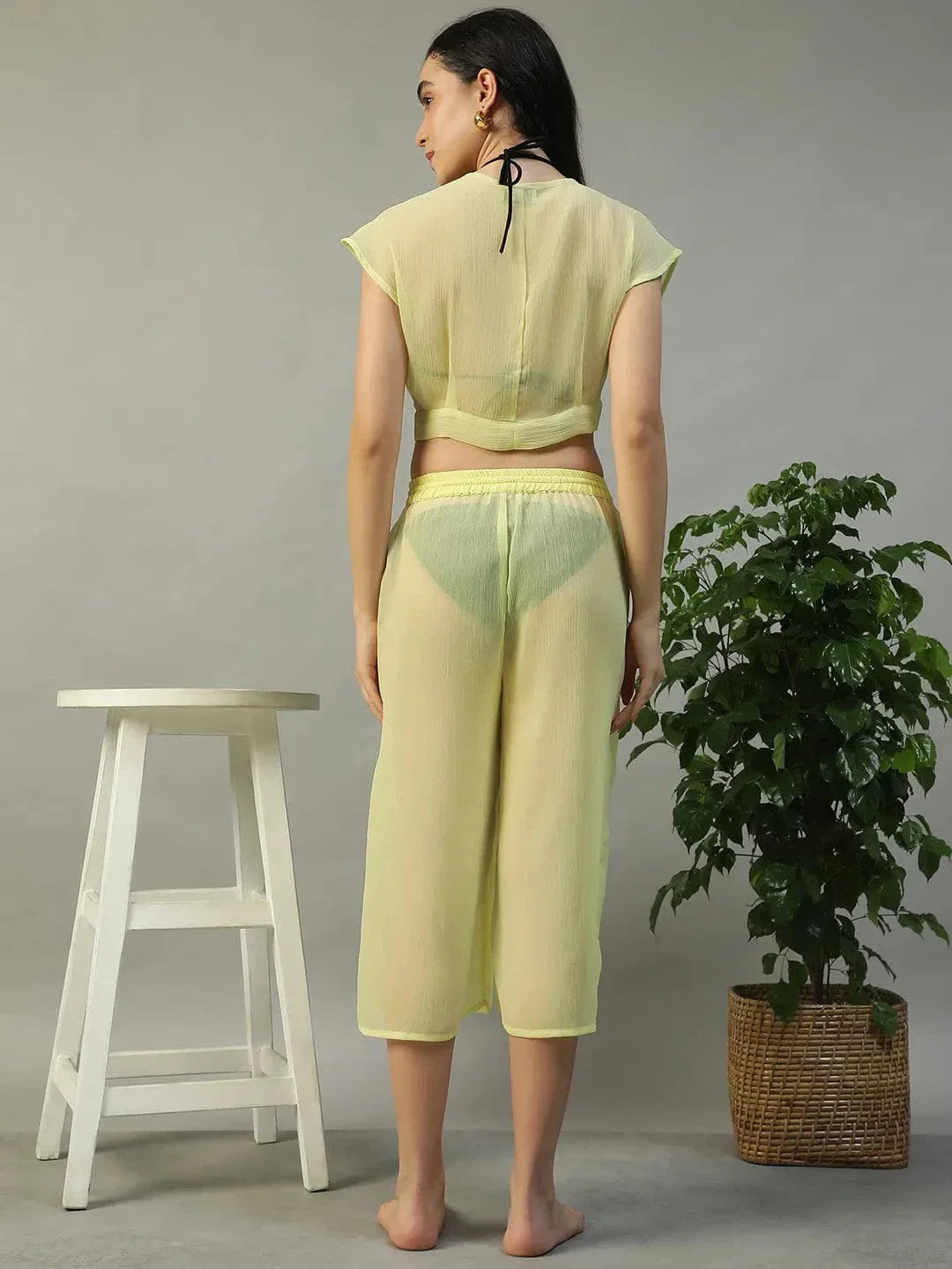 Yellow Tie-Knot Top With Elasticated Culottes Women Beachwear Co-Ord Set - oxolloxo