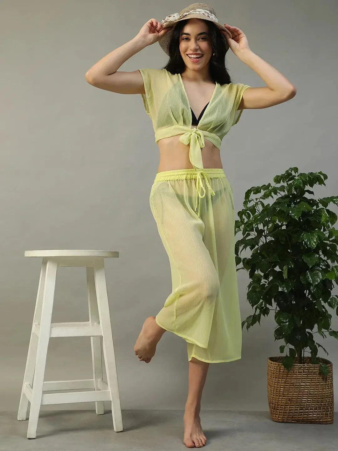 Yellow Tie-Knot Top With Elasticated Culottes Women Beachwear Co-Ord Set - oxolloxo