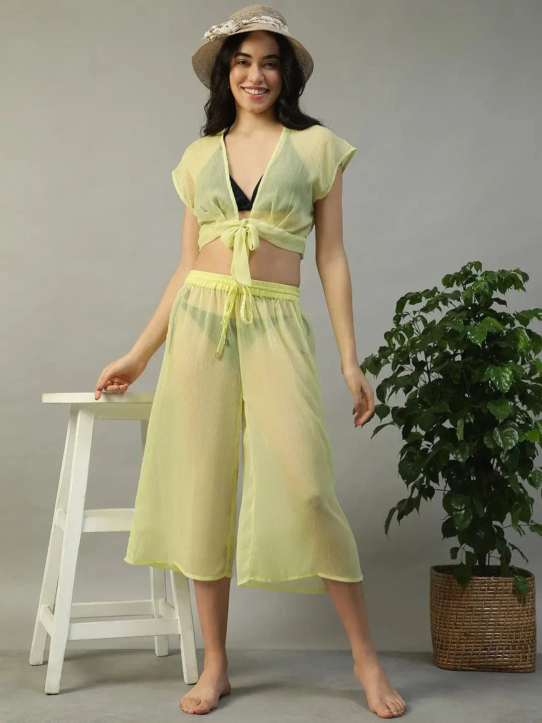 Yellow Tie-Knot Top With Elasticated Culottes Women Beachwear Co-Ord Set - oxolloxo