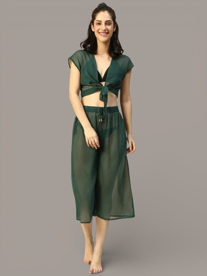 Green Tie-Knot Top With Elasticated Culottes Women Beachwear Co-Ord Set