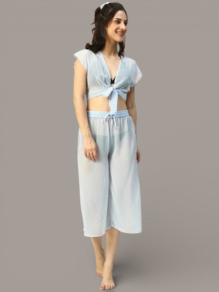 Blue Tie-Knot Top With Elasticated Culottes Women Beachwear Co-Ord Set
