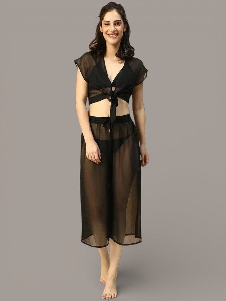 Black Tie-Knot Top With Elasticated Culottes Women Beachwear Co-Ord Set