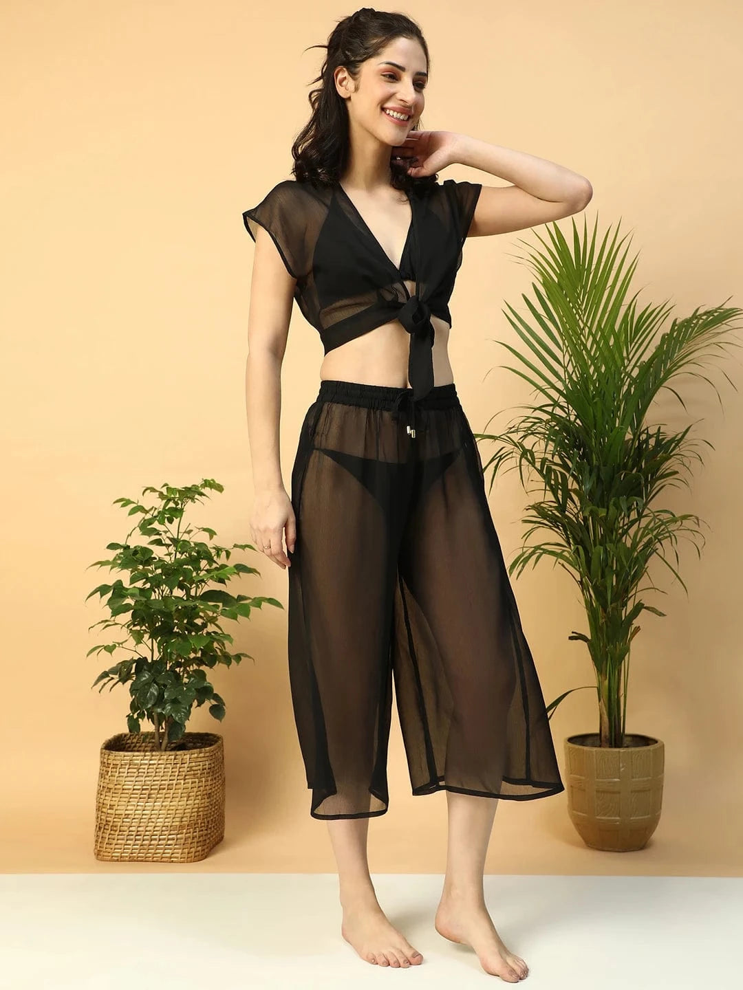 Black Tie-Knot Top With Elasticated Culottes Women Beachwear Co-Ord Set