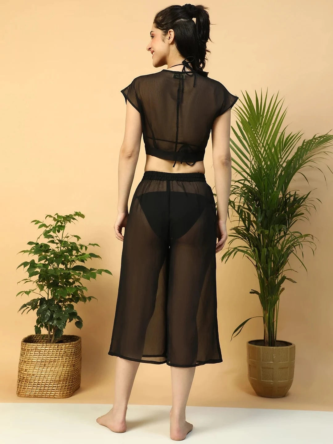 Black Tie-Knot Top With Elasticated Culottes Women Beachwear Co-Ord Set