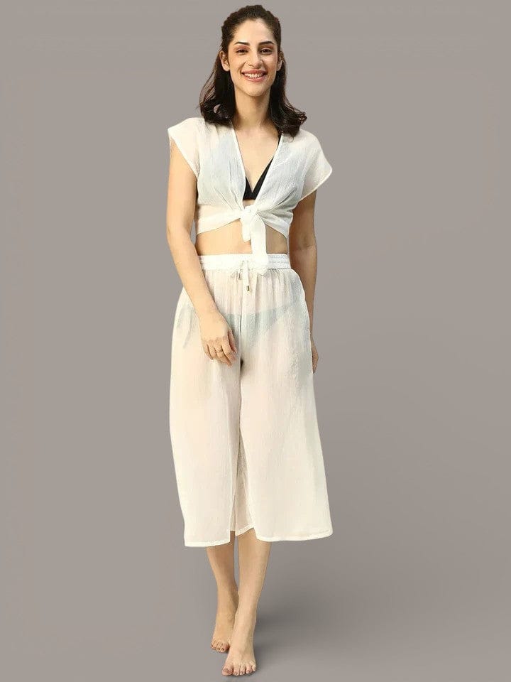 White Tie-Knot Top With Elasticated Culottes Women Beachwear Co-Ord Set
