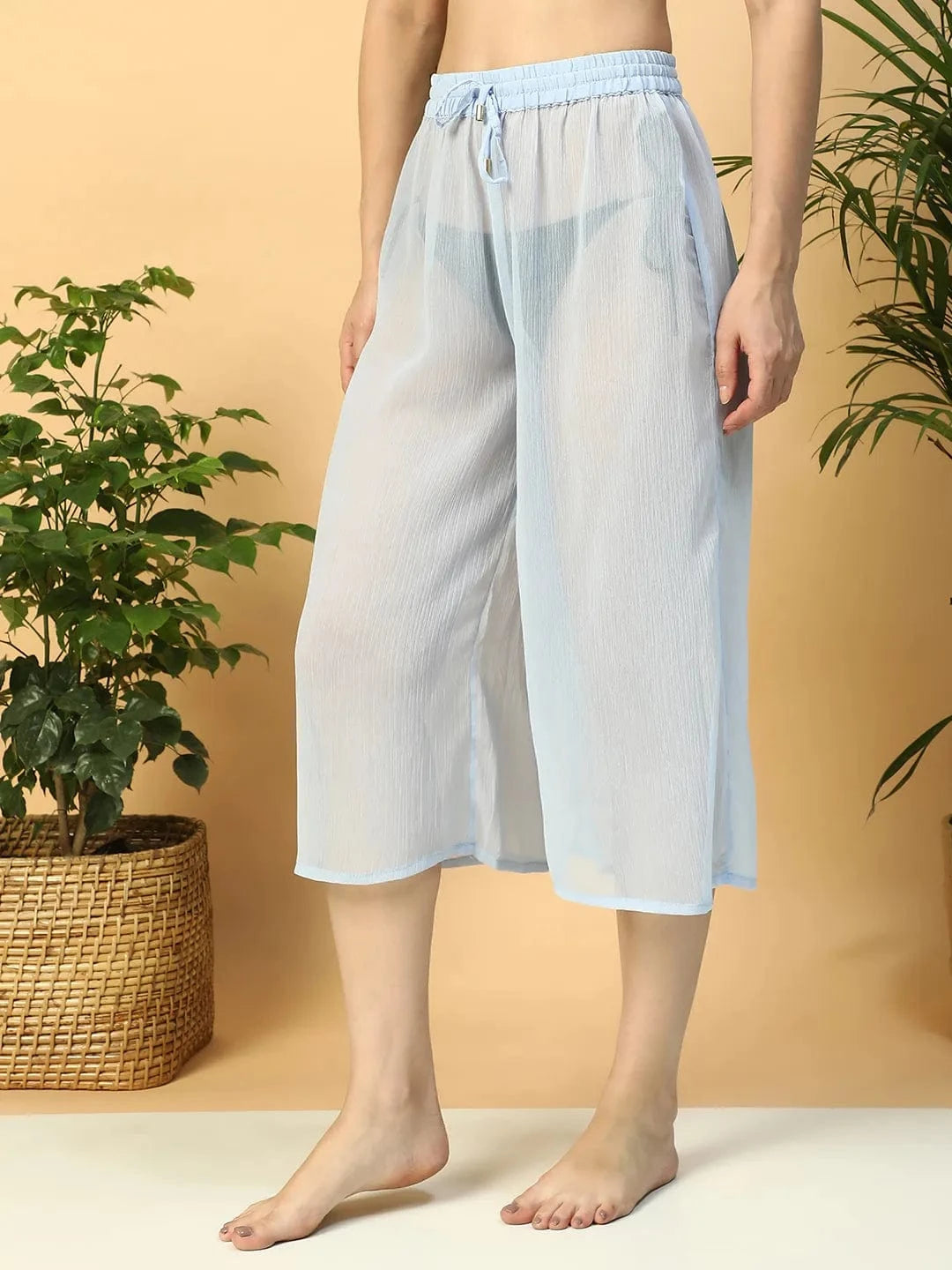 Solid Blue Elasticated Waist With Tie-Up Detail women Beachwear Culottes