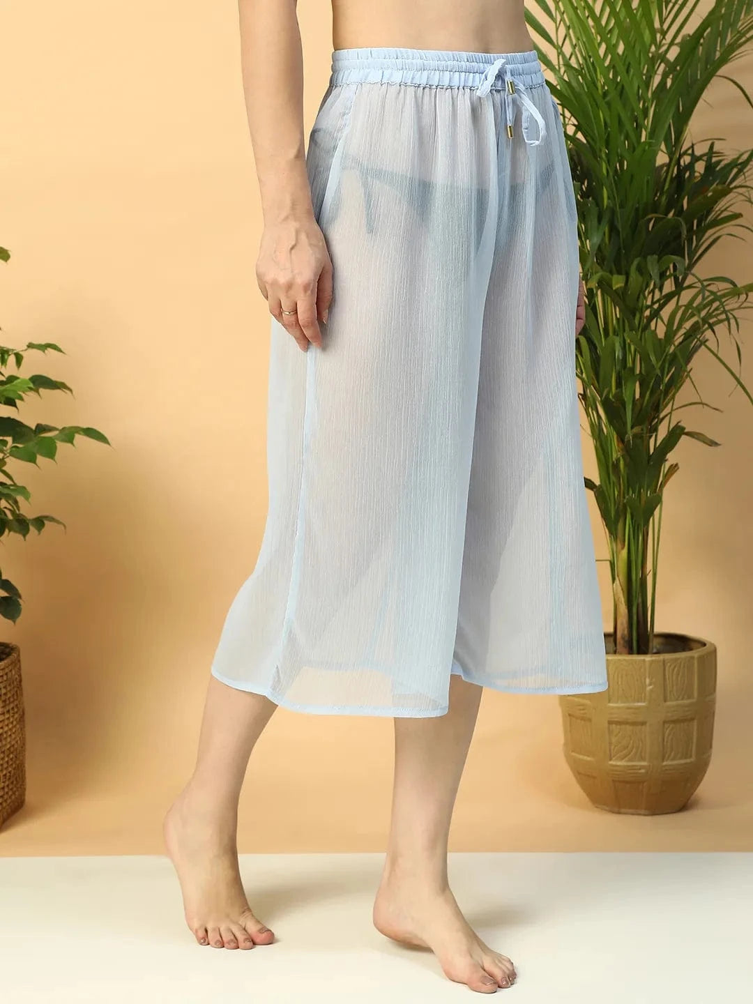 Solid Blue Elasticated Waist With Tie-Up Detail women Beachwear Culottes
