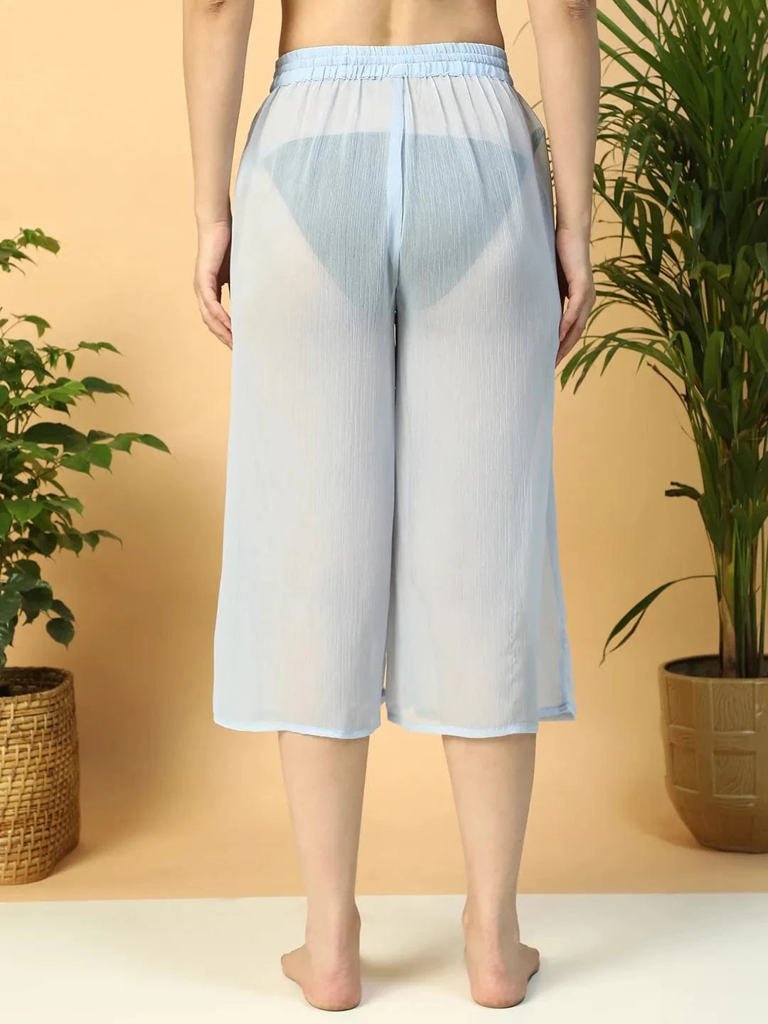 Solid Blue Elasticated Waist With Tie-Up Detail women Beachwear Culottes