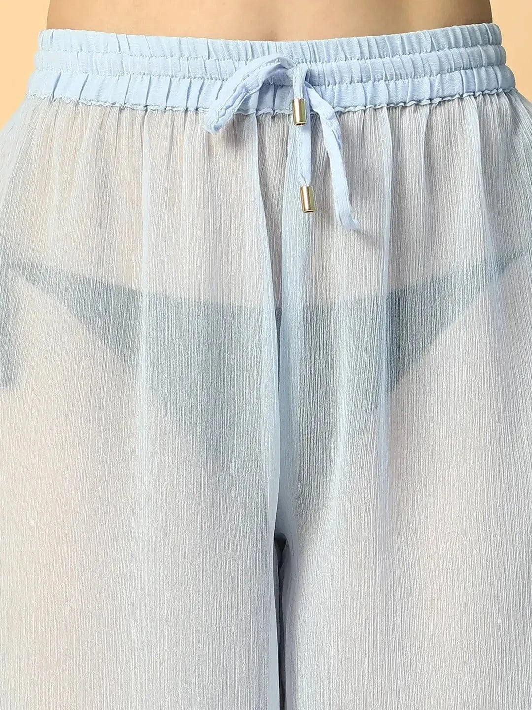 Solid Blue Elasticated Waist With Tie-Up Detail women Beachwear Culottes