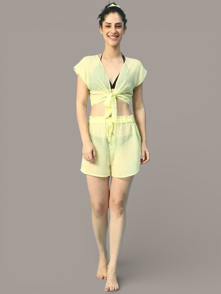 Sunshine Yellow Tie-Knot Top With Elasticated Shorts Women Beachwear Co-Ord Set
