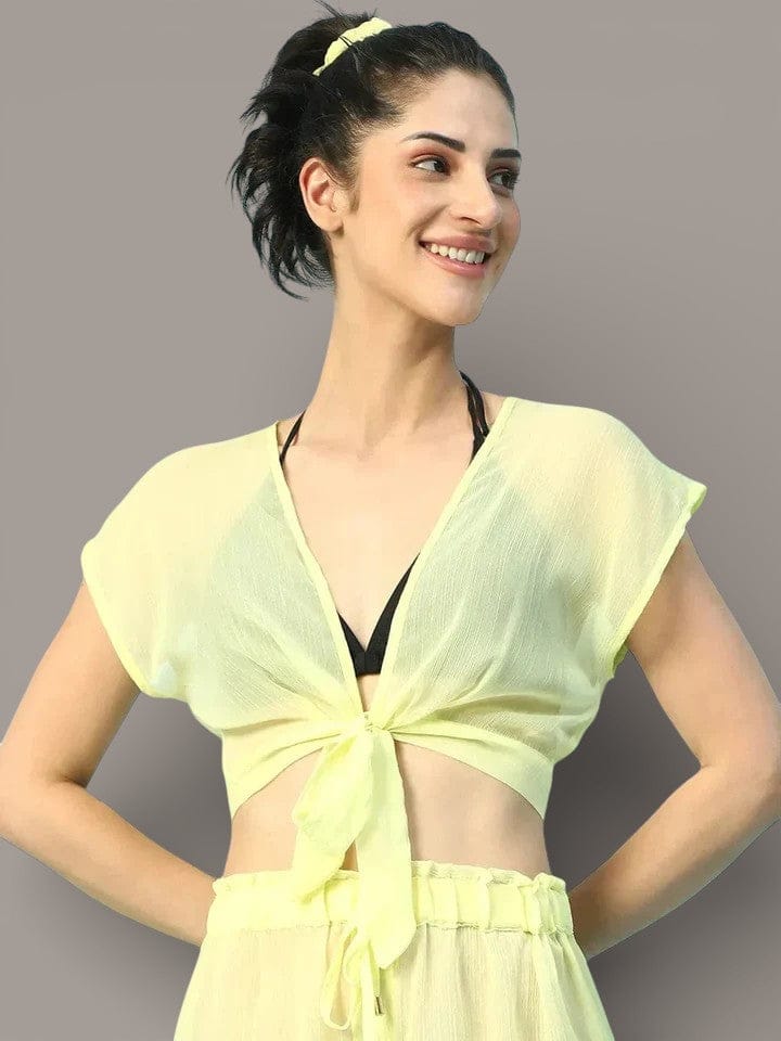 Moody Solid Yellow Short Sleeve Tie-Up Knot Detail Women Beachwear Crop Top