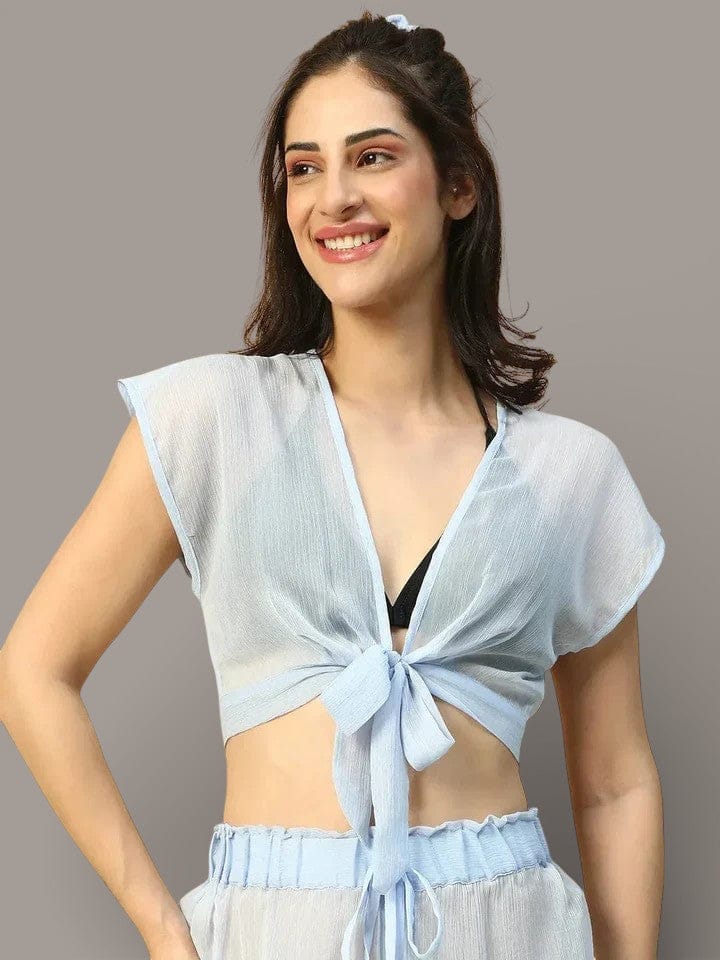 Flowing Solid Blue Short Sleeve Tie-Up Knot Detail Women Beachwear Crop Top