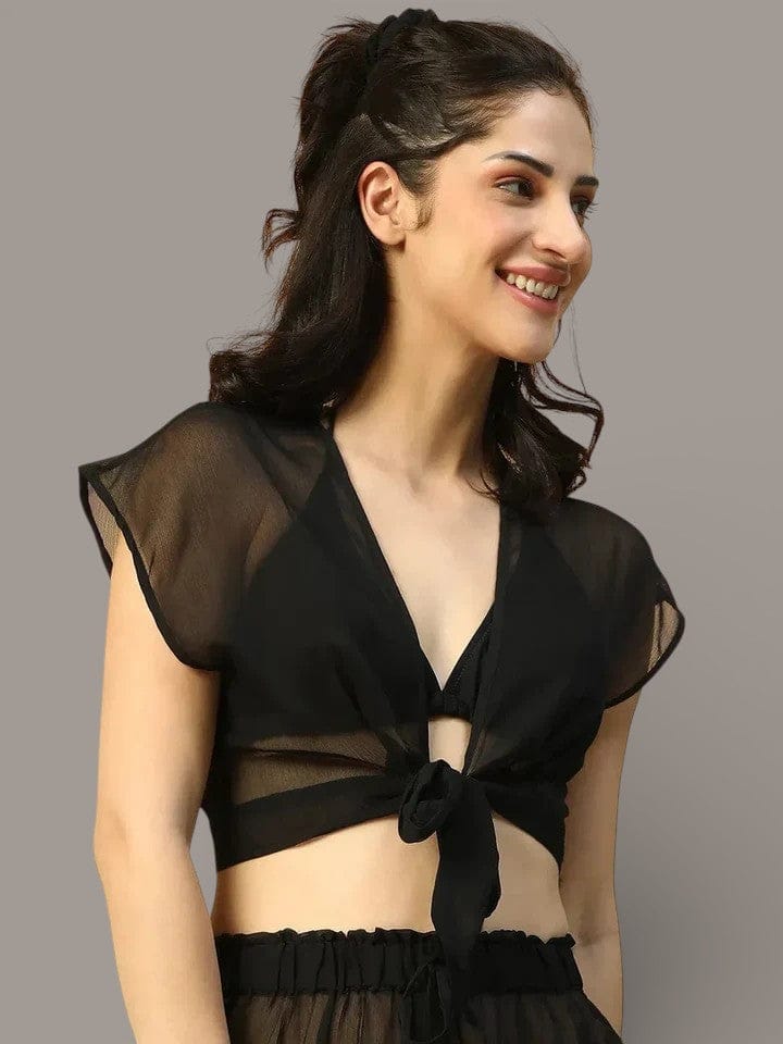 Artful Solid Black Short Sleeve Tie-Up Knot Detail Women Beachwear Crop Top