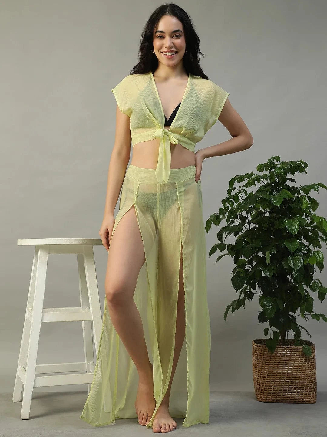 Sunny Yellow Chiffon Women Beachwear Co-ord Set with Elastic Slit Pants and Crop Top