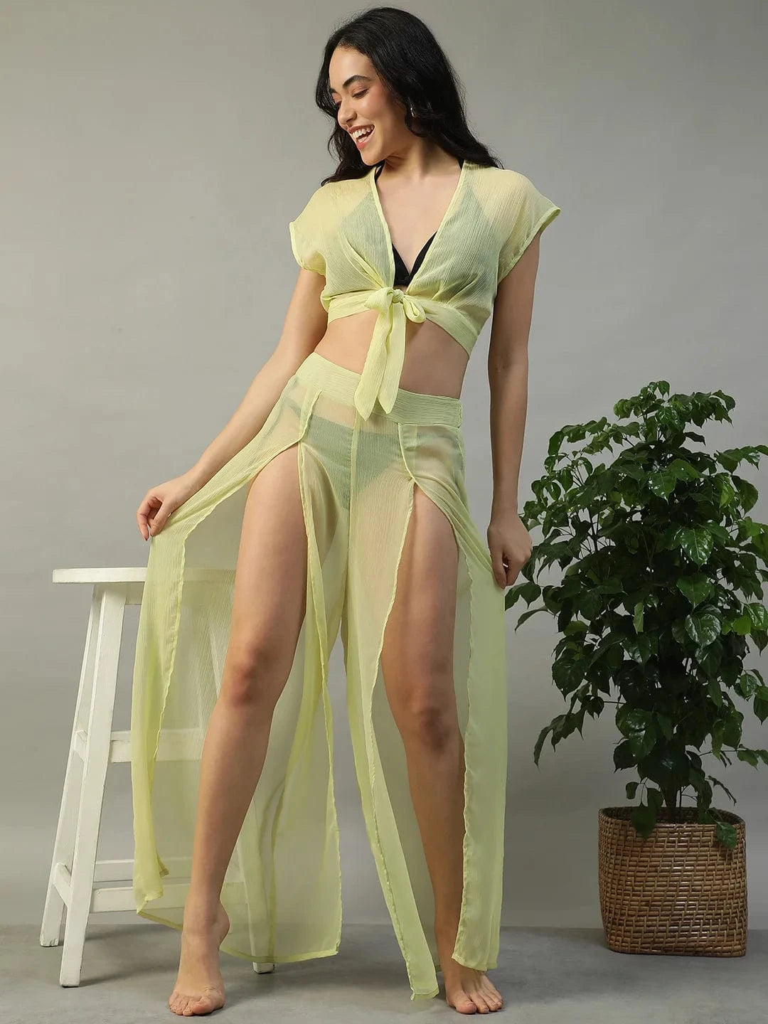 Sunny Yellow Chiffon Women Beachwear Co-ord Set with Elastic Slit Pants and Crop Top