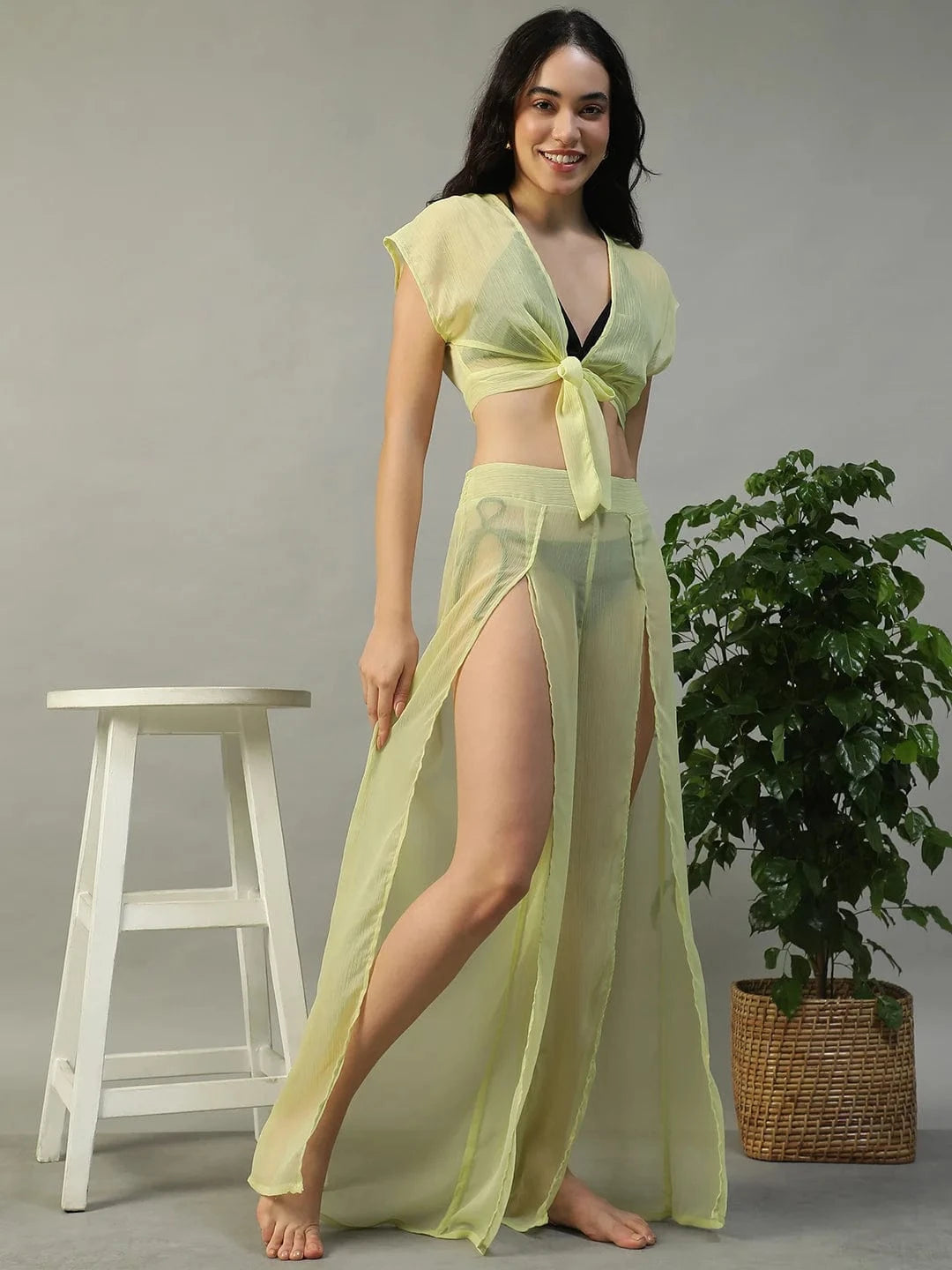 Sunny Yellow Chiffon Women Beachwear Co-ord Set with Elastic Slit Pants and Crop Top