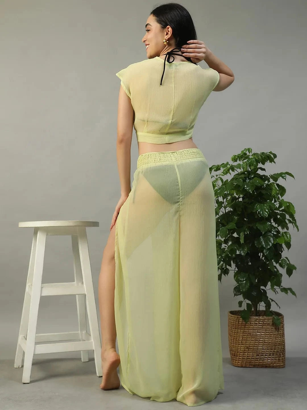 Sunny Yellow Chiffon Women Beachwear Co-ord Set with Elastic Slit Pants and Crop Top